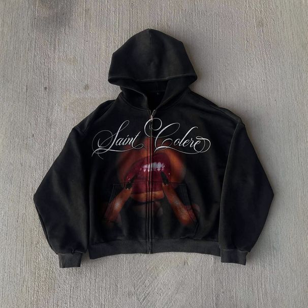Y2K American Gothic Retro Loose Fit Zipper Hoodie for Men Dark Letter Print Autumn Winter Fashion Streetwear_viptrois.com