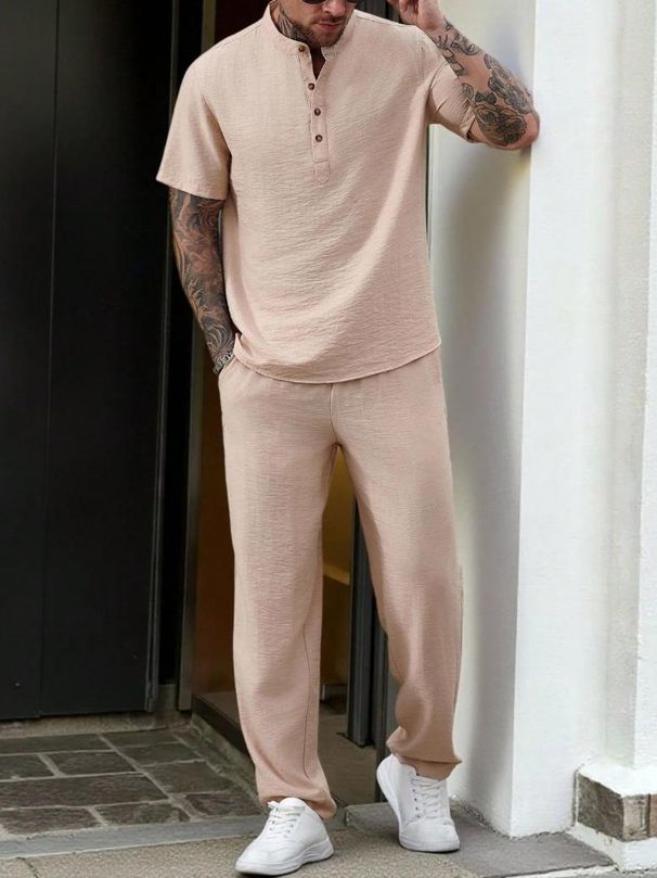 Men's Short Sleeved T Shirt Henry Shirt Casual Loose Trousers Solid Color Suit_viptrois.com