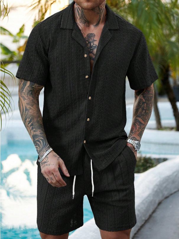 Men's Breathable Openwork Knitted Set Short Sleeved Shirt And Shorts European American Style Casual Two-Piece Summer Clothing_viptrois.com