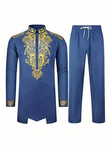 Men's Clothing Muslim Suits Gold Stamped Tops And Trousers 2 Piece Set_viptrois.com