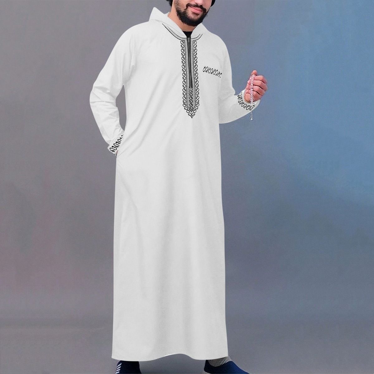 Men's Clothing New Men's Loose Hooded Robe Luxury Men's Embroidered Long Sleeve Muslim Clothing_viptrois.com