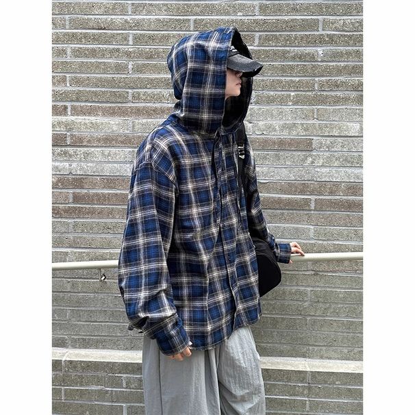 Men's Clothing American Retro Vintage Plaid Hooded Shirt, New Spring And Autumn Style, High End And Eye Catching Color Blocked Shirt Jacket_viptrois.com