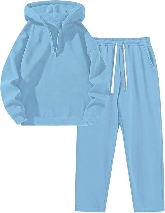 Women's 2-Piece Lounge Set Notch Lapel Half Zip Sweatshirt And Wide Leg Joggers Outfit_viptrois.com