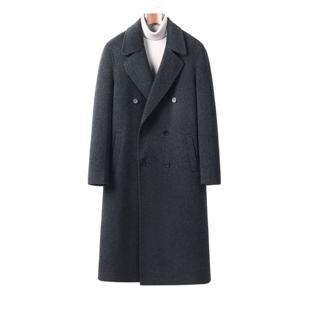 Men's Long Double Faced Wool Coat, Pure Wool, Cashmere Free, Thick Trench Coat With Large Lapels_viptrois.com