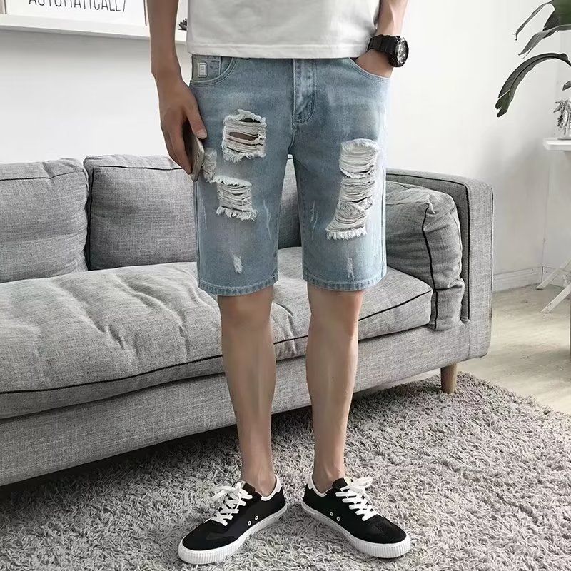 Men's Summer Thin Ripped Denim Shorts Loose Straight Leg Five Point Pants Trendy mid Length New Style_viptrois.com