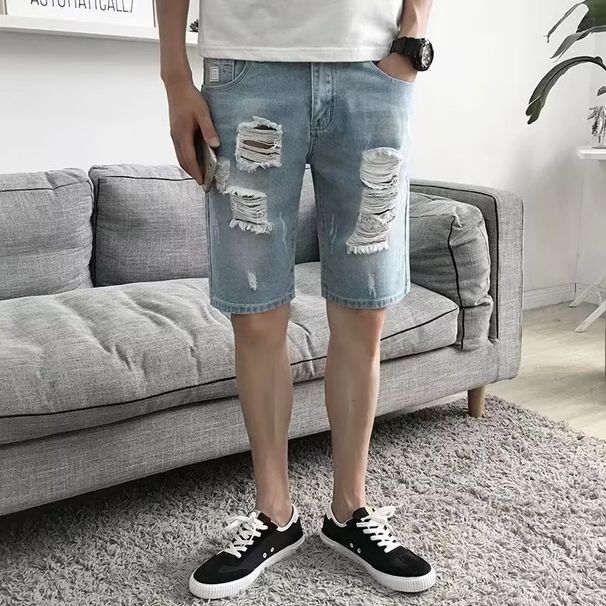 Men's Summer Thin Ripped Denim Shorts Loose Straight Leg Five Point Pants Trendy mid Length New Style_viptrois.com