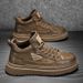 Men's Casual Leather Sneakers - Waterproof Slip-Resistant Soft Sole Oxford Shoes For Autumn & Spring (Khaki/Black)_viptrois.com