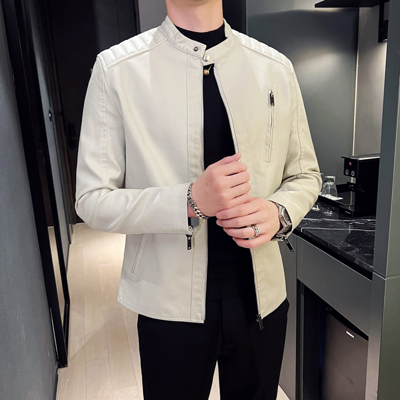 Autumn And Winter New Men's Biker Leather Jacket Thin Cardigan Long-sleeved Slim Handsome Fashion Unique Zip Cuff Design_viptrois.com