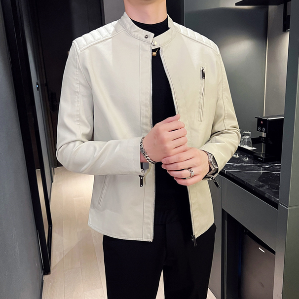 Autumn And Winter New Men's Biker Leather Jacket Thin Cardigan Long-sleeved Slim Handsome Fashion Unique Zip Cuff Design_viptrois.com