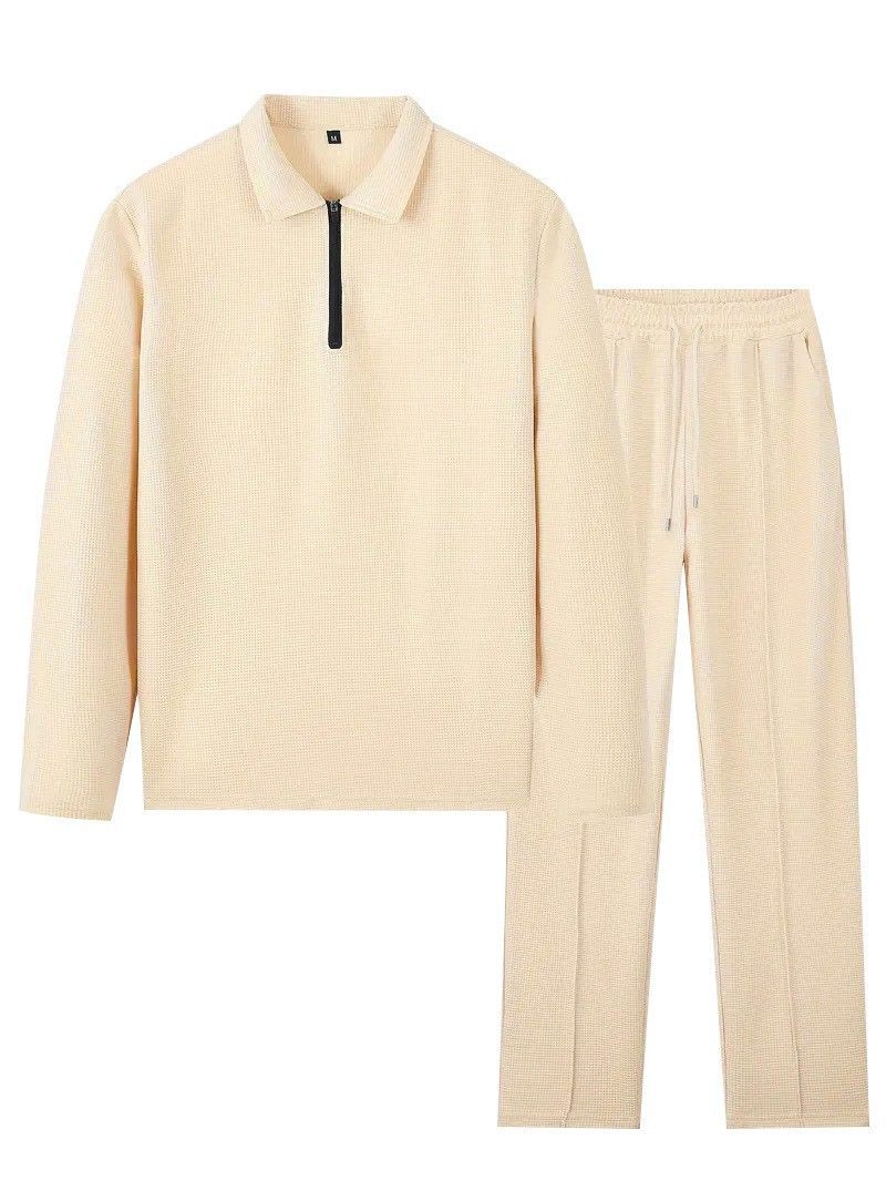 Men's Waffle Pattern Solid Color Zipper Long Sleeve Sports Pants Casual Basic Two Piece Set Black Gray Khaki Summer Loose Fit_viptrois.com