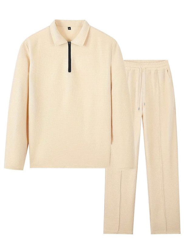 Men's Waffle Pattern Solid Color Zipper Long Sleeve Sports Pants Casual Basic Two Piece Set Black Gray Khaki Summer Loose Fit_viptrois.com