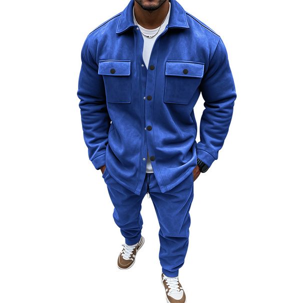 Men's Clothing autumn and winter jacket casual pants two piece men's clothing solid color men's suede suit_viptrois.com