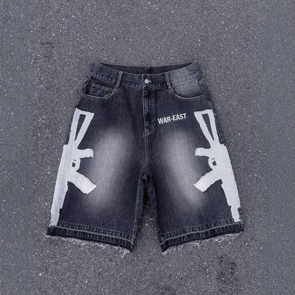 Men's Clothing Washed Hip Hop Letter Printing Men's And Women's Shorts Casual Loose Denim Shorts_viptrois.com
