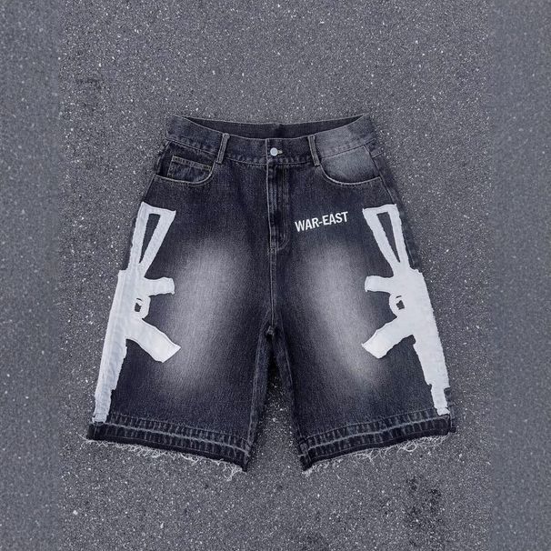 Men's Clothing Washed Hip Hop Letter Printing Men's And Women's Shorts Casual Loose Denim Shorts_viptrois.com