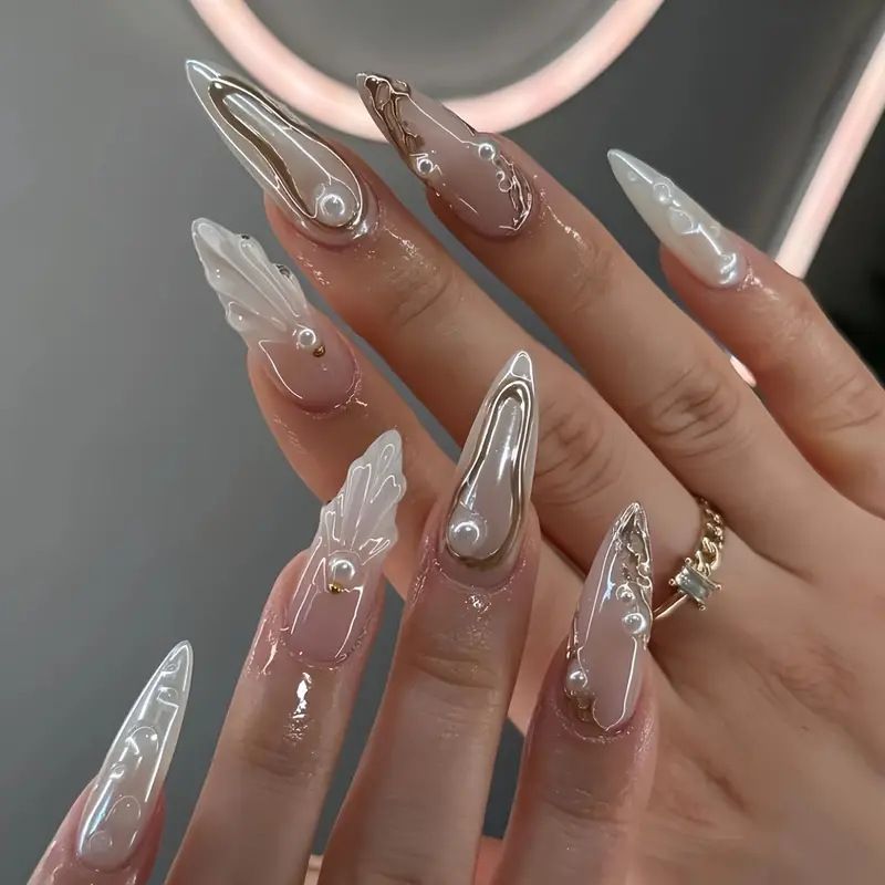 Almond Shaped Long False Nails - 3D Dripping Glue Flower & Scallop Pattern, Elegant Wearable Nail Art_viptrois.com