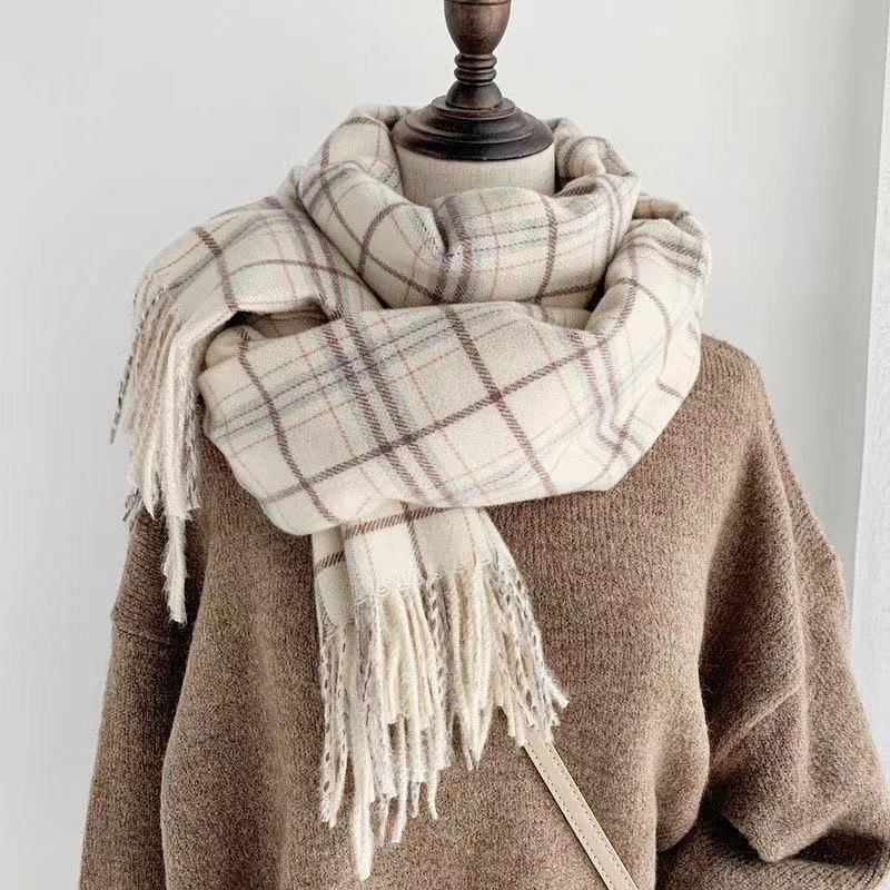 Scarf For Women Winter Student New Plaid Cashmere Warm Fringe Shawl Thickened Korean Fashion Neck Warmer_viptrois.com
