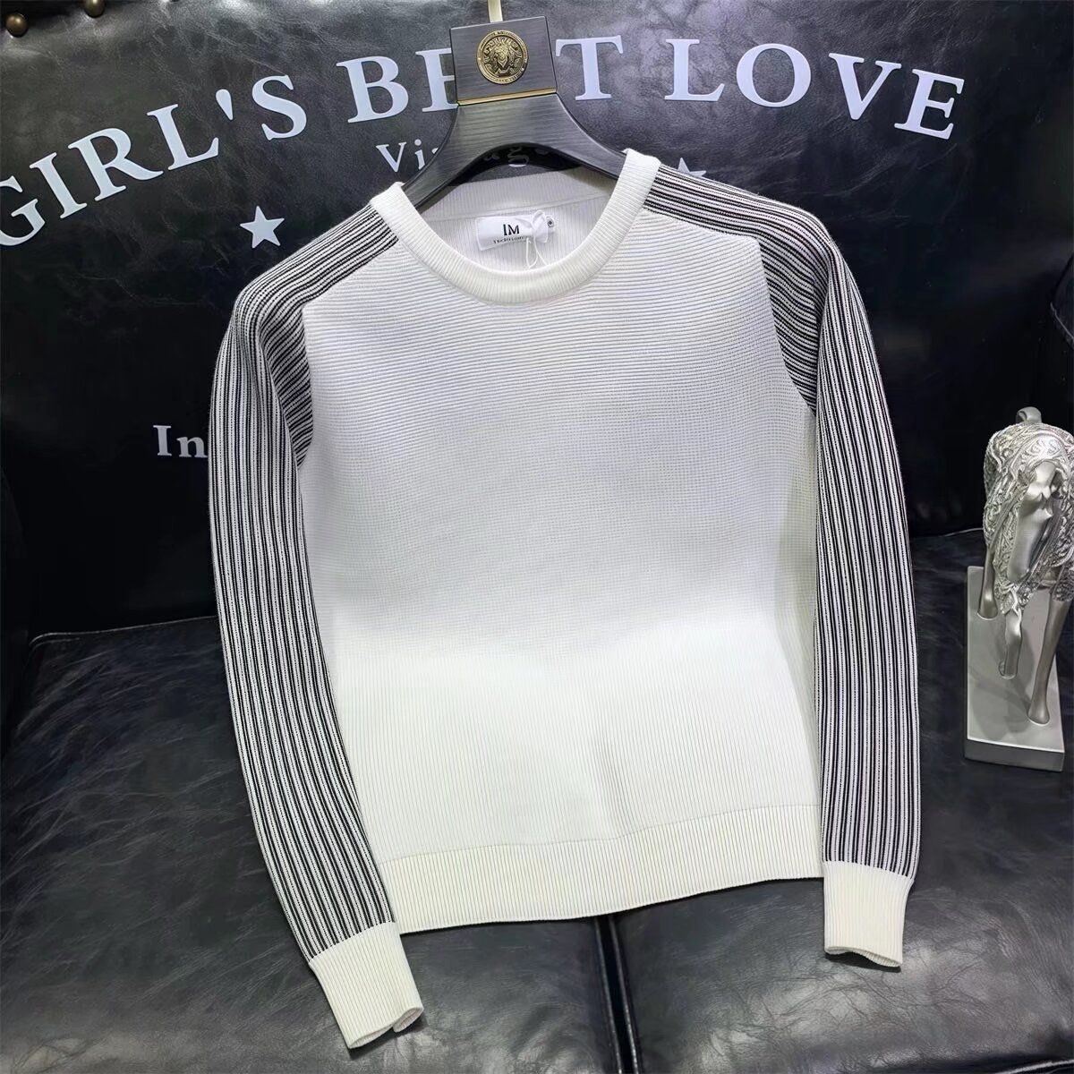 New Long Sleeved Knitted Sweater With Men's Splicing, Contrasting Color Stripes, Light Mature Style_viptrois.com