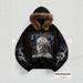 Men's Gothic Skull Print Hoodie With Detachable Faux Fur Hood Lining, Streetwear Pullover For Cold Weather_viptrois.com