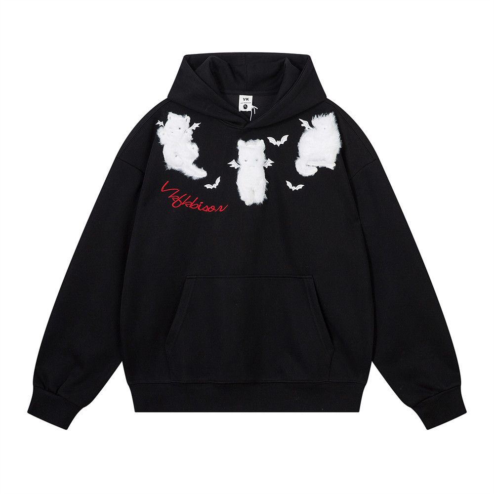 Cartoon Flocked Embroidered Cat Hoodie Casual Loose Men's Vibe Trendy American Pullover Sports Top_viptrois.com