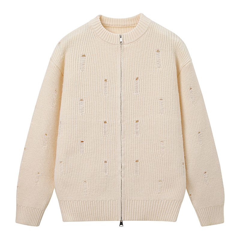Men's Distressed Knit Cardigan Sweater - Casual Loose Fit Round Neck Pullover For Autumn Winter Fashion Trends_viptrois.com