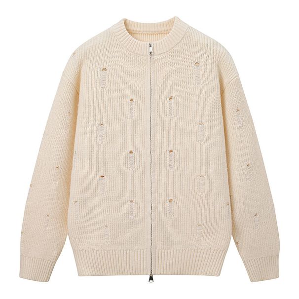 Men's Distressed Knit Cardigan Sweater - Casual Loose Fit Round Neck Pullover For Autumn Winter Fashion Trends_viptrois.com