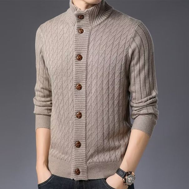 Knitted Cardigan Coat Semi High Neck Men's Autumn And Winter Jacquard Versatile Fashion Temperament Woolen Sweater_viptrois.com