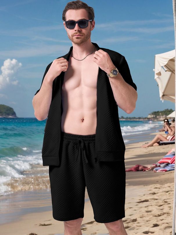 Men's Clothing Summer New Men's Simple Casual Jacquard Short Sleeved Zipper Cardigan Jacket Shorts Suit_viptrois.com