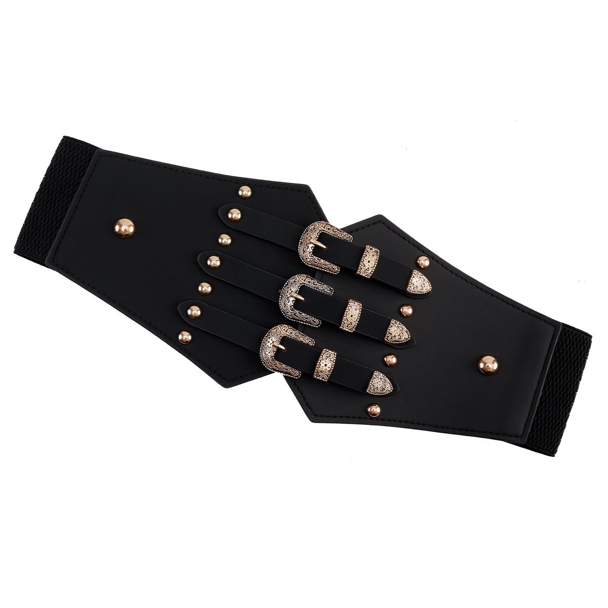 Punk Versatile Women's Rivet Elastic Waistband Decorative Waist Cincher Wide Belt For Dresses_viptrois.com