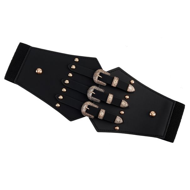 Punk Versatile Women's Rivet Elastic Waistband Decorative Waist Cincher Wide Belt For Dresses_viptrois.com
