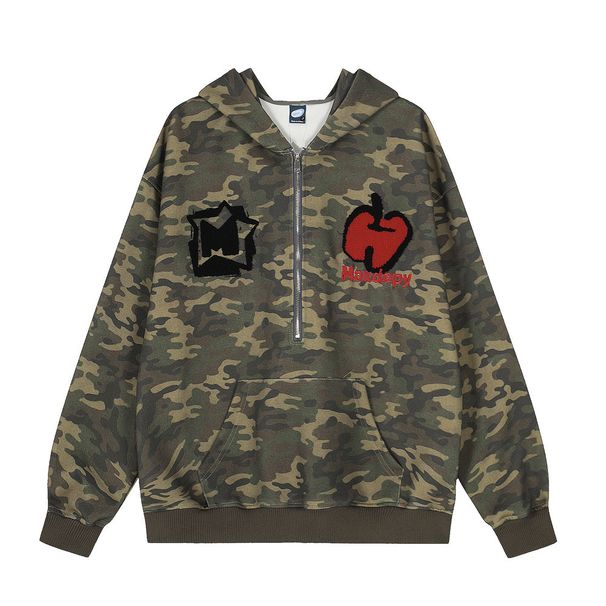 American Style Camouflage Hooded Sweatshirt Spring Autumn Men's Trendy High Street Flocked Embroidery Half-Zip Cardigan_viptrois.com