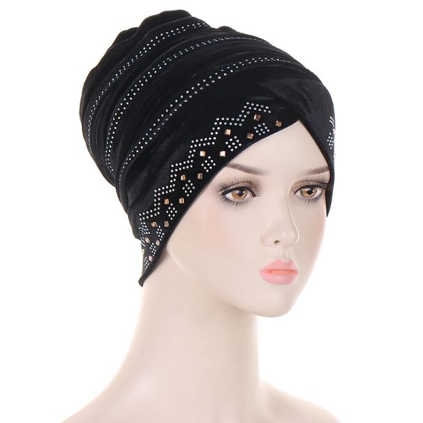 Women's Hats Gold Velvet Hot Diamond Turban Muslim Headscarf Folding Pile Hat In Stock_viptrois.com