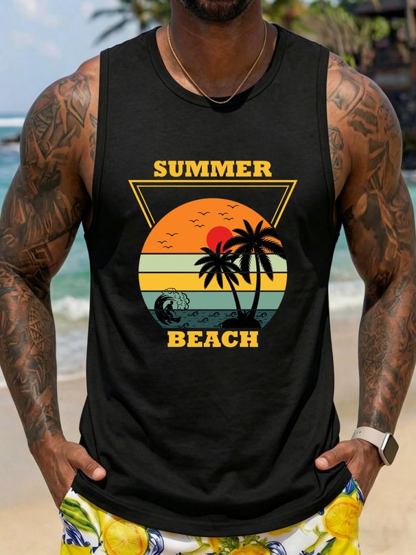 Canotta Uomo Girocollo 100% Cotone Stampa Surf E Palme Morbida Traspirante Senza Maniche Vacanze Uso Quotidiano Estivo Multicolore_viptrois.com