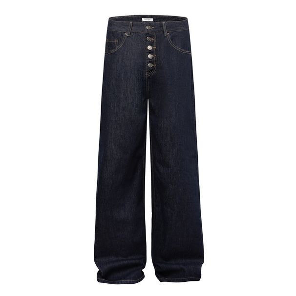 Loose Wide-Leg Denim For Men High Street Trendy Stitching Design Button Closure Casual Floor-Length Straight Pants_viptrois.com