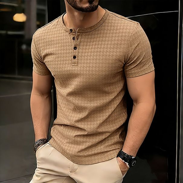 Camiseta De Hombre, Verano, Estampado Pata De Gallo Y Gofre, Estilo Hip Hop, Cuello Henley, Manga Corta, Informal, Moda Urbana_viptrois.com