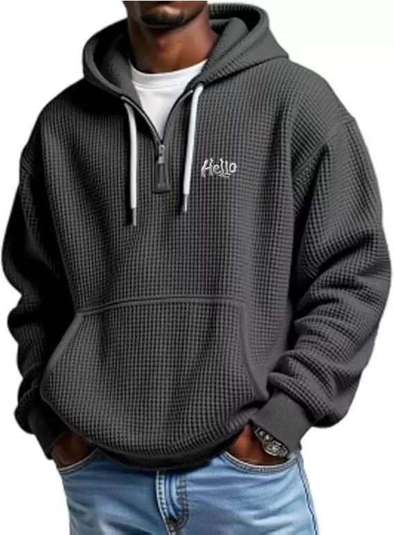 Men's Clothing European And American Trendy Waffle Hoodie With Hello Letter Print, Loose Fitting Casual Menswear_viptrois.com