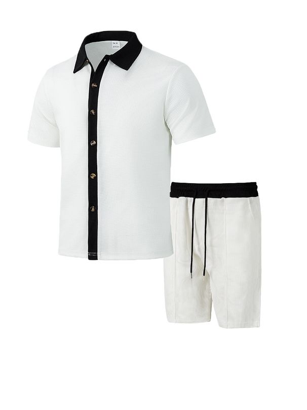 Men's Short Sleeve Shirt & Shorts Set, Summer Waffle Knit Casual Lounge Wear, Comfortable Two-Piece Outfit For Beach Vacation_viptrois.com