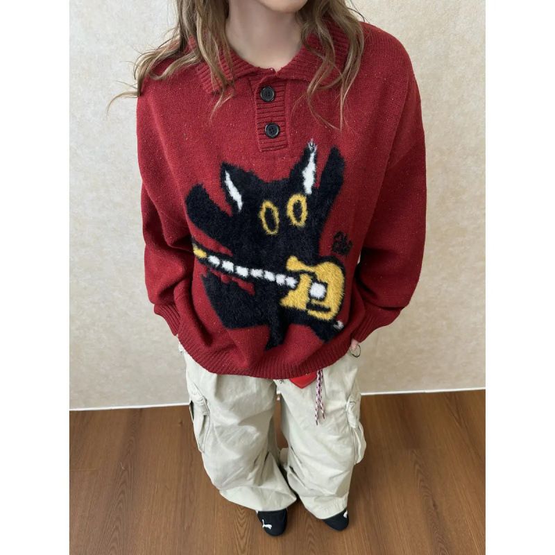 Cartoon Cat Jacquard Lapel Sweater, Loose And Versatile, Teenage Pullover Sweater_viptrois.com