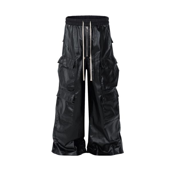 Men's Clothing Street RO Style Overalls Men's Leather Layer Three Dimensional Pocket Wide Leg Flared Pants_viptrois.com