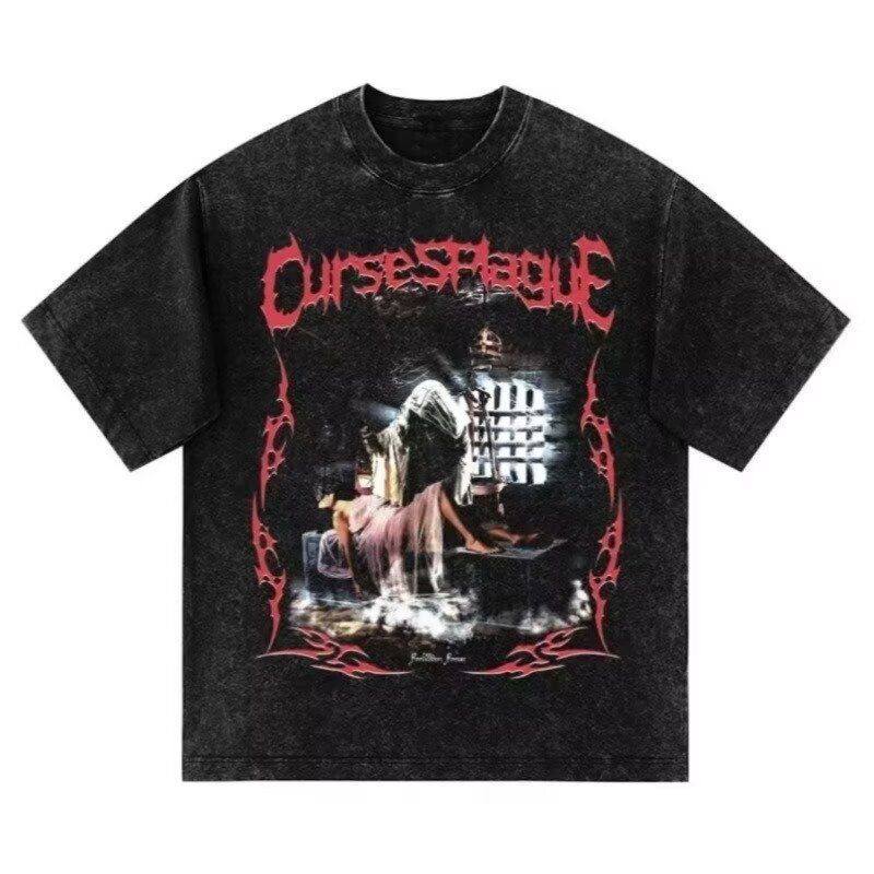 Men's Clothing Skull Rock Band Retro Washed Short Sleeved T Shirt Casual Loose Bottoming Shirt_viptrois.com