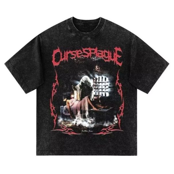 Men's Clothing Skull Rock Band Retro Washed Short Sleeved T Shirt Casual Loose Bottoming Shirt_viptrois.com