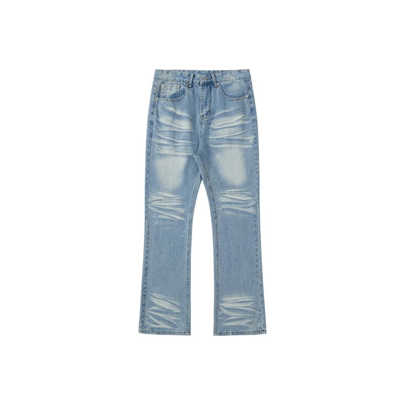 Men's Clothing Ice Blue Washed Jeans Water Ripples Messy Cat Whisker Baggy Style Trousers_viptrois.com