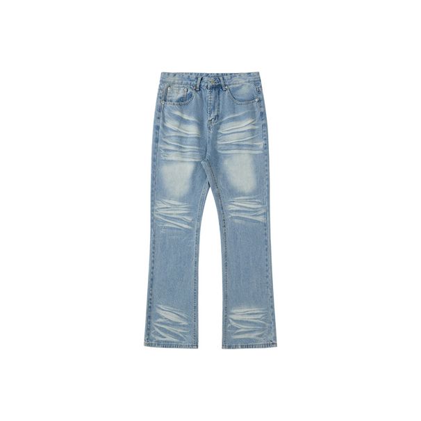 Men's Clothing Ice Blue Washed Jeans Water Ripples Messy Cat Whisker Baggy Style Trousers_viptrois.com