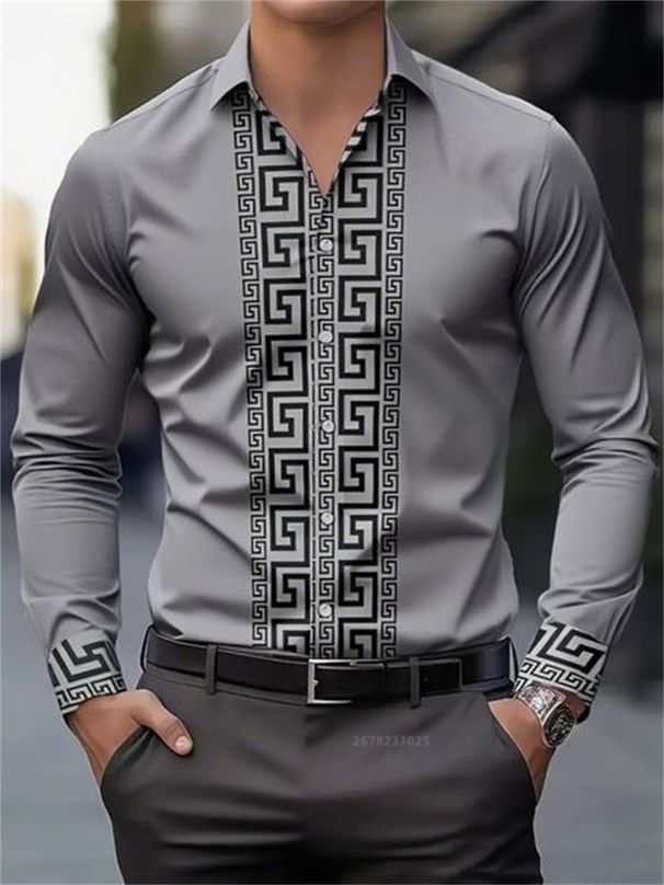 Camisa De Manga Larga Para Hombre Con Diseño De Patrón, Top Con Botones De Solapa A La Moda, Top Para Hombre Versátil, Informal Y Cómodo_viptrois.com