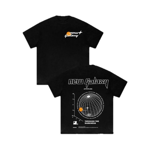 Cross Border Trendy Streetwear T Shirt For Men, Featuring A Sci Fi Planet Print On The Front And Back, Casual Black Short Sleeved Top._viptrois.com