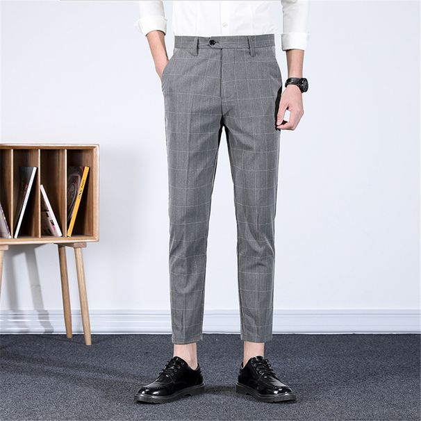 Men's Clothing Summer British Casual Pants Men Slim Fit Nine Point Business Pants Men's Iron Free Plaid Drape Trousers Men's Thin Style_viptrois.com