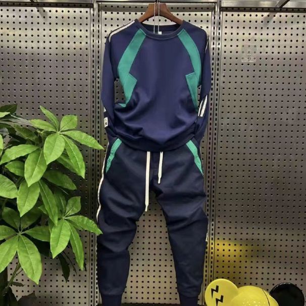 Men's Clothing Spring And Autumn Style Contrast Color Round Neck Pullover Long Sleeve Sweater Suit Men's Casual All Match Sports Two Piece Suit_viptrois.com