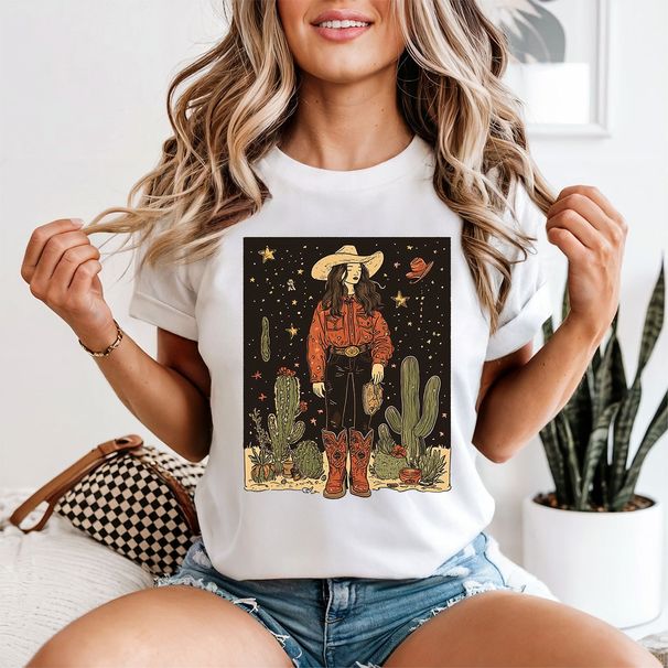 Cowgirl Desert Starry Night Western Womens 100% Cotton T-shirt Mens Tees Top Country Style_viptrois.com