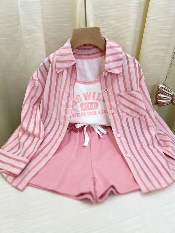 Kid's Clothing 2024 early autumn new girls' casual striped sunscreen shirt stylish vest shorts three piece set_viptrois.com