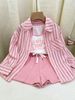 Kid's Clothing 2024 early autumn new girls' casual striped sunscreen shirt stylish vest shorts three piece set_viptrois.com