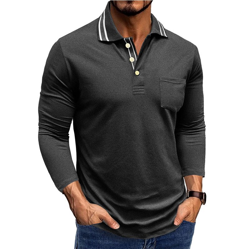 Men's Lapel Button T Shirt Long Sleeve Polo Shirt_viptrois.com